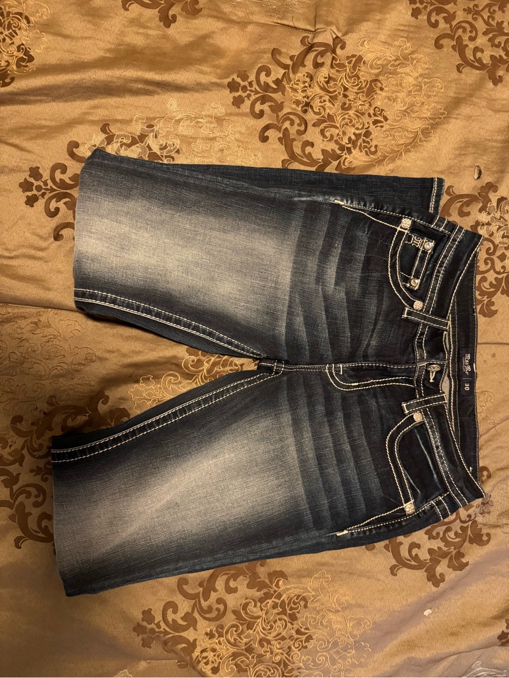 Miss Me Dark Blue Denim Jeans with White Embroidered Pocket - Picture 2 of 3